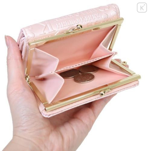 Japan Sanrio Clasp Trifold Wallet - Hello Kitty : Patent Leather Pearl Pink Gold Heart Embossed - 5