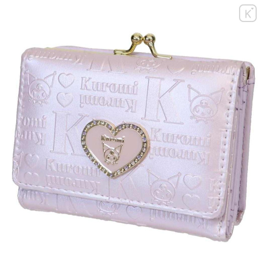 Japan Sanrio Clasp Trifold Wallet - Kuromi : Patent Leather Pearl Purple Gold Heart Embossed - 1