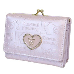 Japan Sanrio Clasp Trifold Wallet - Kuromi : Patent Leather Pearl Purple Gold Heart Embossed