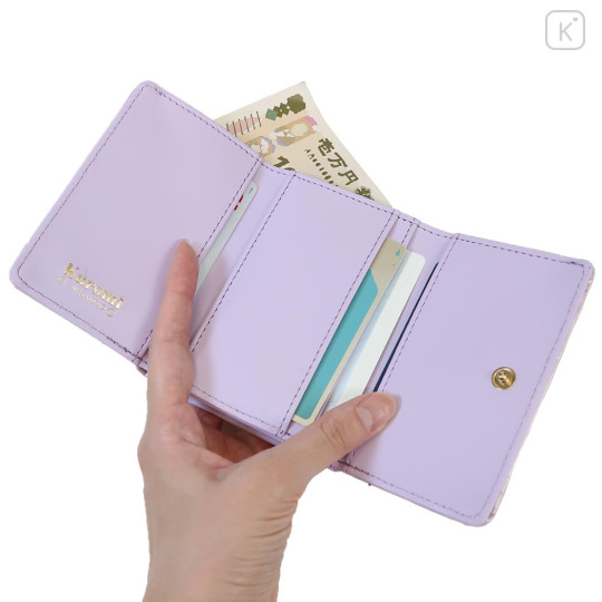 Japan Sanrio Clasp Trifold Wallet - Kuromi : Patent Leather Pearl Purple Gold Heart Embossed - 3