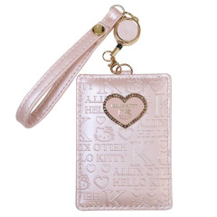Japan Sanrio Pass Case Card Holder & Reel - Hello Kitty : Patent Leather Pearl Pink Gold Heart Embossed