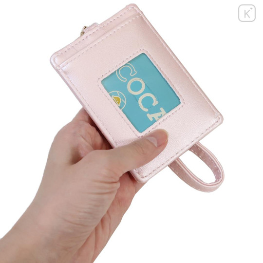 Japan Sanrio Pass Case Card Holder & Reel - Hello Kitty : Patent Leather Pearl Pink Gold Heart Embossed - 2