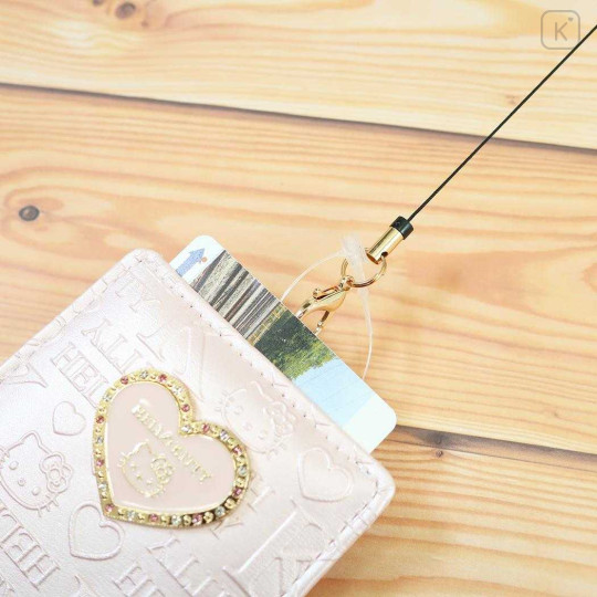 Japan Sanrio Pass Case Card Holder & Reel - Hello Kitty : Patent Leather Pearl Pink Gold Heart Embossed - 3