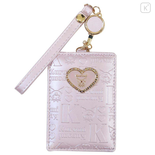 Japan Sanrio Pass Case Card Holder & Reel - Kuromi : Patent Leather Pearl Purple Gold Heart Embossed - 1