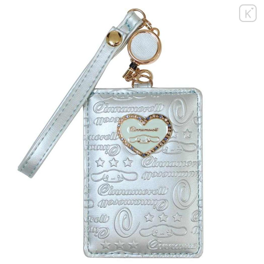Japan Sanrio Pass Case Card Holder & Reel - Cinnamoroll : Patent Leather Pearl Blue Gold Heart Embossed - 1
