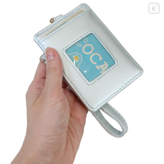 Japan Sanrio Pass Case Card Holder & Reel - Cinnamoroll : Patent Leather Pearl Blue Gold Heart Embossed - 2