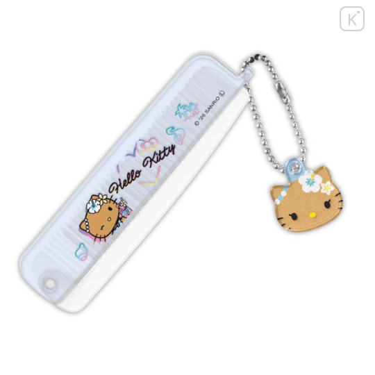 Japan Sanrio Folding Brush & Comb - Hello Kitty : Tan Sunburned Swimsuit Summer Blue - 1