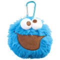 Japan Sesame Street Fluffy Plush Mini Pouch with Carabiner - Cookie Monster Happy Face - 1