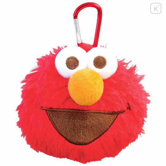 Japan Sesame Street Fluffy Plush Mini Pouch with Carabiner - Elmo Happy Face - 1