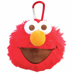 Japan Sesame Street Fluffy Plush Mini Pouch with Carabiner - Elmo Happy Face
