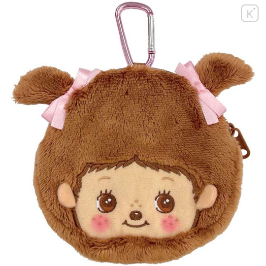 Japan Monchhichi Fluffy Plush Mini Pouch with Carabiner - Bebichhichi-chan : Face Smile - 1