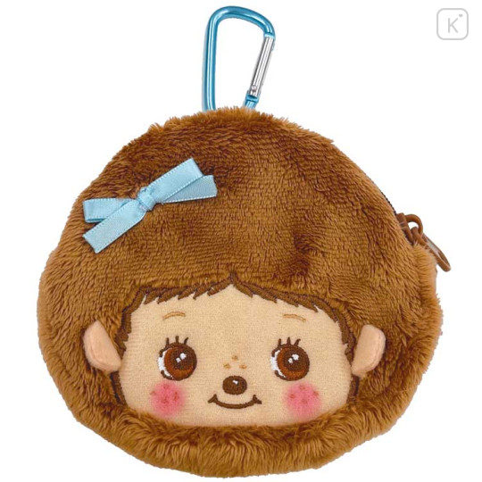 Japan Monchhichi Fluffy Plush Mini Pouch with Carabiner - Bebichhichi-kun : Face Smile - 1