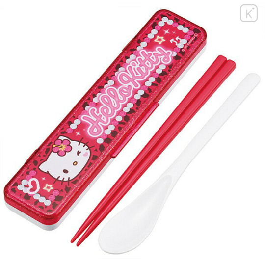 Japan Sanrio Chopsticks 18cm & Spoon with Case - Hello Kitty : School - 1