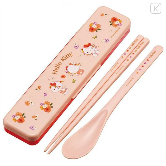 Japan Sanrio Chopsticks 18cm & Spoon with Case - Hello Kitty : Pastel Watercolor Floral - 1