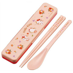 Japan Sanrio Chopsticks 18cm & Spoon with Case - Hello Kitty : Pastel Watercolor Floral
