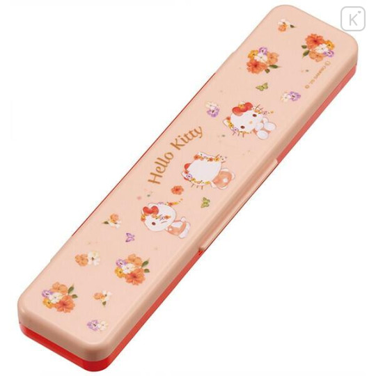 Japan Sanrio Chopsticks 18cm & Spoon with Case - Hello Kitty : Pastel Watercolor Floral - 2