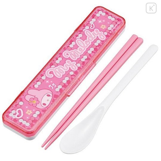 Japan Sanrio Chopsticks 18cm & Spoon with Case - My Melody : School - 1