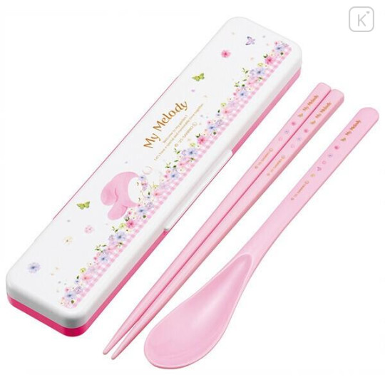 Japan Sanrio Chopsticks 18cm & Spoon with Case - My Melody : Pastel Watercolor Floral - 1