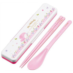 Japan Sanrio Chopsticks 18cm & Spoon with Case - My Melody : Pastel Watercolor Floral