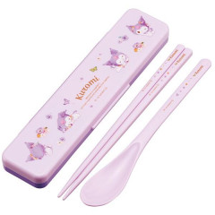 Japan Sanrio Chopsticks 18cm & Spoon with Case - Kuromi : Pastel Watercolor Floral