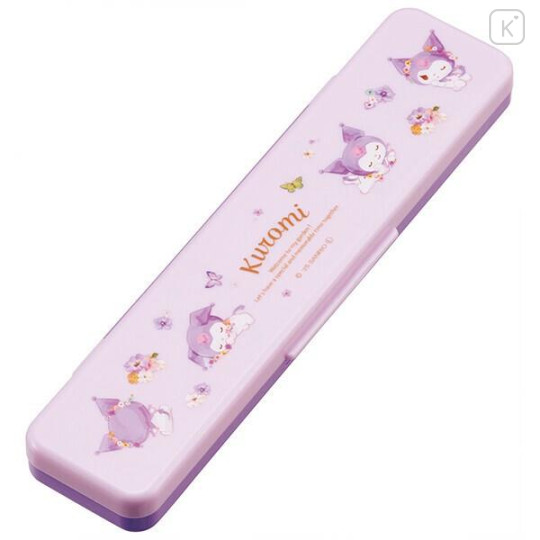 Japan Sanrio Chopsticks 18cm & Spoon with Case - Kuromi : Pastel Watercolor Floral - 2