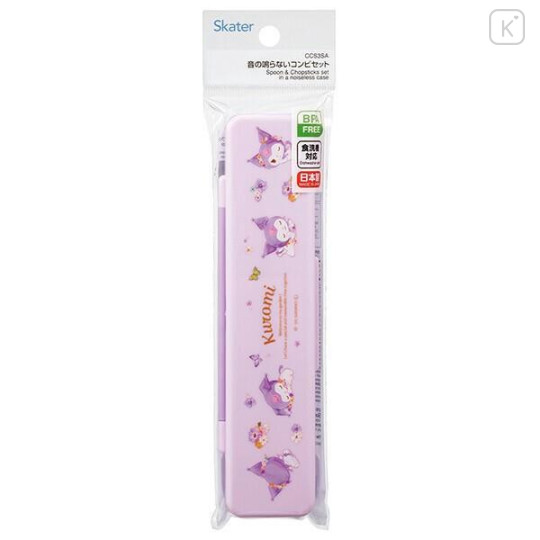 Japan Sanrio Chopsticks 18cm & Spoon with Case - Kuromi : Pastel Watercolor Floral - 4