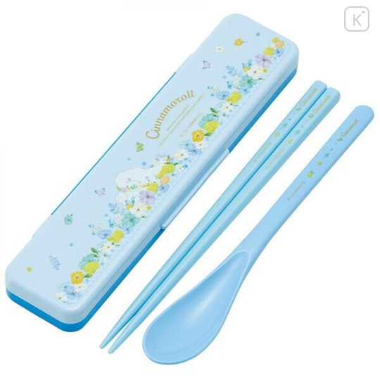 Japan Sanrio Chopsticks 18cm & Spoon with Case - Cinnamoroll : Pastel Watercolor Floral - 1