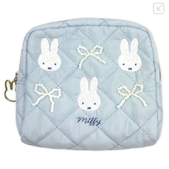 Japan Miffy Quilted Cosmetic Pouch - Ribbon Light Blue - 1