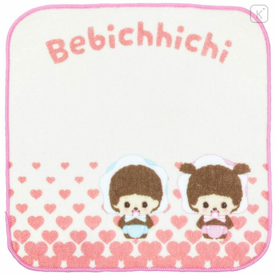 Japan Monchhichi Mini Towel Jacquard Handkerchief - Bebichhichi-chan & Bebichhichi-kun : Heart Pink - 1