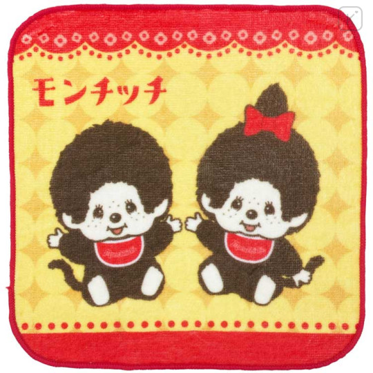 Japan Monchhichi Mini Towel Jacquard Handkerchief - Monchhichi-chan & Monchhichi-kun : Retro Red A - 1