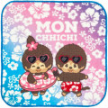 Japan Monchhichi Mini Towel Jacquard Handkerchief - Monchhichi-chan & Monchhichi-kun : Summer Swimsuit Tan Sunburned Hibiscus - 1