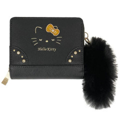 Japan Sanrio Bifold Wallet - Hello Kitty : Black Gold Dangling Tail