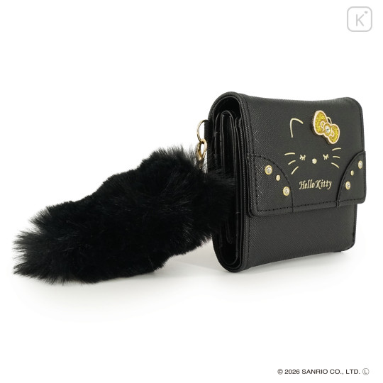 Japan Sanrio Trifold Wallet - Hello Kitty : Black Gold Dangling Tail - 2