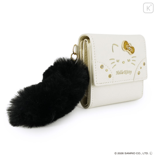 Japan Sanrio Trifold Wallet - Hello Kitty : White Gold Dangling Tail - 2