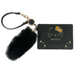 Japan Sanrio Pass Case Card Holder & Reel - Hello Kitty : Black Gold Dangling Tail
