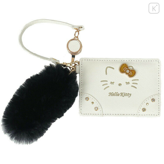 Japan Sanrio Pass Case Card Holder & Reel - Hello Kitty : White Gold Dangling Tail - 1