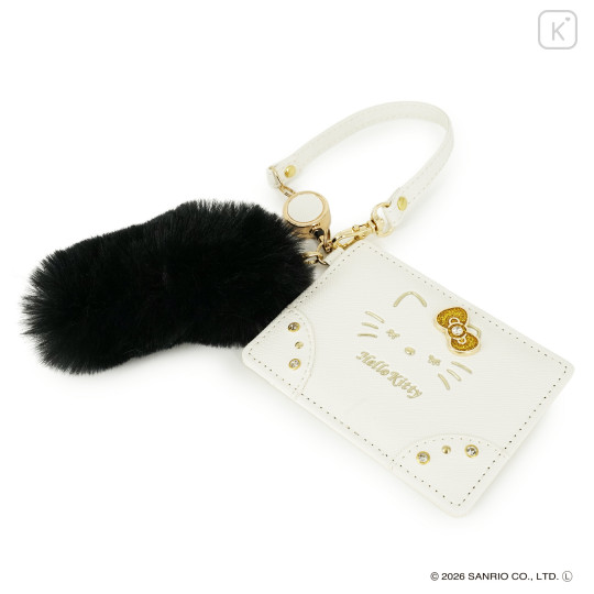 Japan Sanrio Pass Case Card Holder & Reel - Hello Kitty : White Gold Dangling Tail - 2
