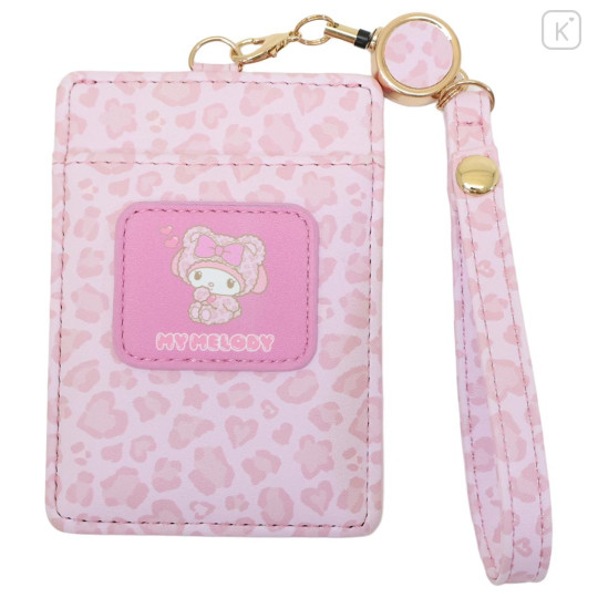 Japan Sanrio Pass Case Card Holder & Reel - My Melody : Leopard Bear Pink - 1
