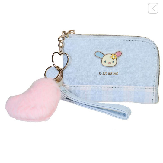Japan Sanrio Mini Pouch & Pass Case Card Holder with Reel - Usahana : Light Blue Dangling Tail - 1