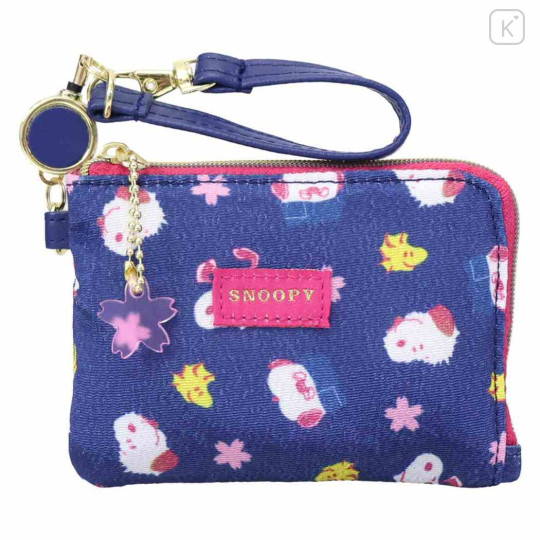 Japan Peanuts Mini Pouch & Pass Case Card Holder with Reel - Olaf & Snoopy : Sakura Brothers Navy - 1