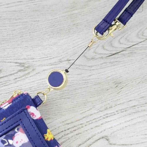 Japan Peanuts Mini Pouch & Pass Case Card Holder with Reel - Olaf & Snoopy : Sakura Brothers Navy - 5