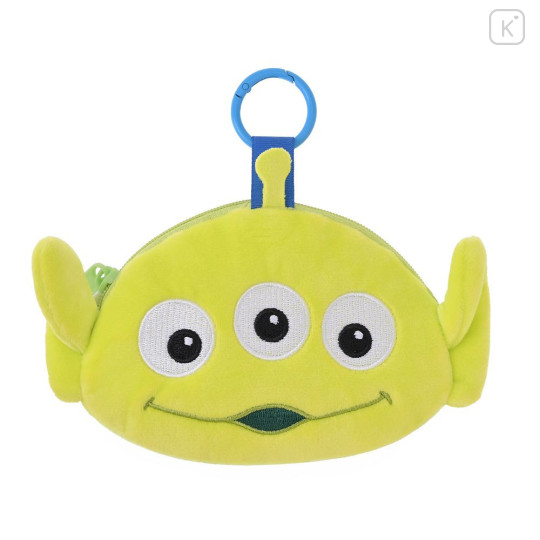 Japan Disney Store Fluffy Plush Mini Pouch with Carabiner - Toy Story Little Green Men Aliens : Face - 1