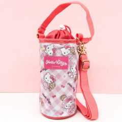 Japan Sanrio Insulated Cooler Plastic Bottle Holder with Shoulder Strap - Hello Kitty & Tiny Chum : Plaid Cherry Pink