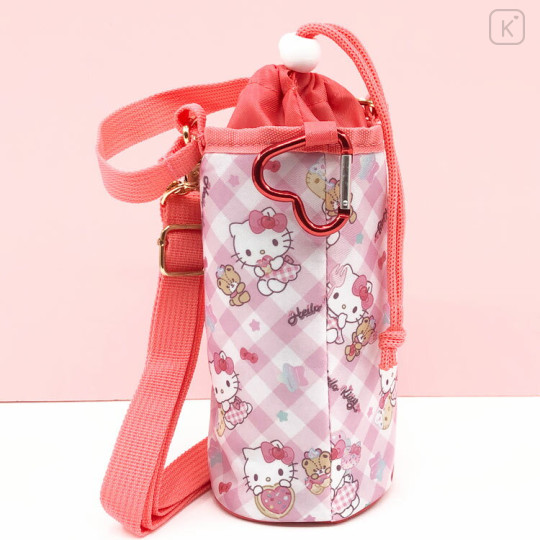 Japan Sanrio Insulated Cooler Plastic Bottle Holder with Shoulder Strap - Hello Kitty & Tiny Chum : Plaid Cherry Pink - 2
