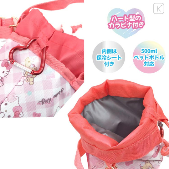 Japan Sanrio Insulated Cooler Plastic Bottle Holder with Shoulder Strap - Hello Kitty & Tiny Chum : Plaid Cherry Pink - 3