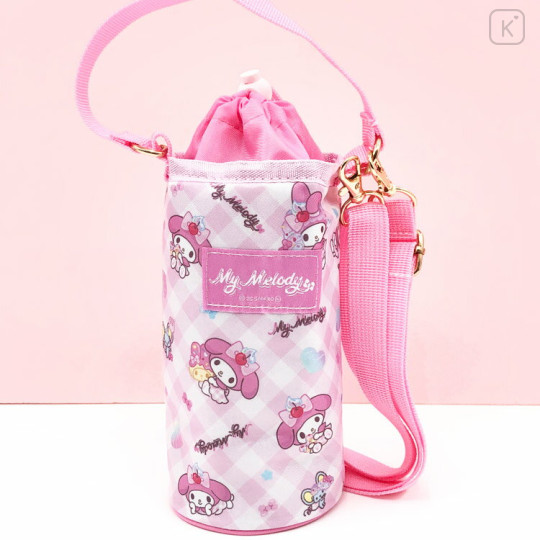 Japan Sanrio Insulated Cooler Plastic Bottle Holder with Shoulder Strap - My Melody : Plaid - 1