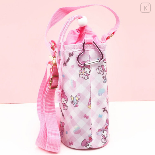 Japan Sanrio Insulated Cooler Plastic Bottle Holder with Shoulder Strap - My Melody : Plaid - 2