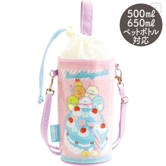 Japan San-X Original Insulated Cooler Plastic Bottle Holder with Shoulder Strap - Sumikko Gurashi : Ribbon Cake Light Pink - 1