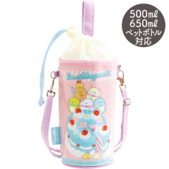 Japan San-X Original Insulated Cooler Plastic Bottle Holder with Shoulder Strap - Sumikko Gurashi : Ribbon Cake Light Pink