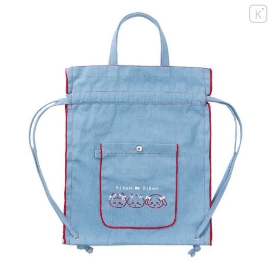 Japan Chiikawa Denim Knapsack - Chiikawa & Hachiware & Usagi : Ribbon Light Blue - 4
